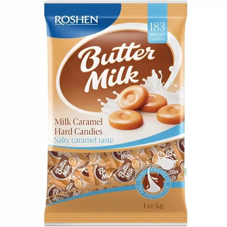 bBWhtMe9CSLyr9Vf آبنبات شیری کره ای روشن با طعم کارامل یک کیلویی Roshen Butter Milk Hard Candies - Image 1